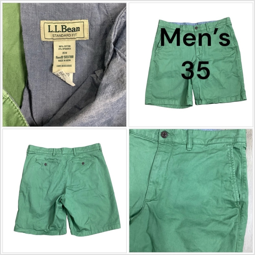 Men's L.L. Bean 35 Golf Shorts Khaki Green Stretch Khakis Chino Standard Fit EUC